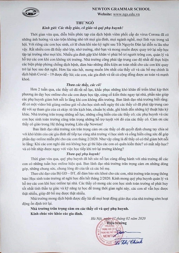 Trường Newton có thư ngỏ gửi tới thầy cô, phụ huynh mùa dịch Covid-19 | Giáo  dục Việt Nam