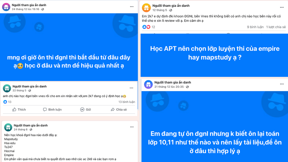 Nhiều bài đăng ẩn danh tìm địa chỉ luyện thi đánh giá năng lực trên các hội nhóm Facebook. Ảnh chụp màn hình. giadinh (3).png