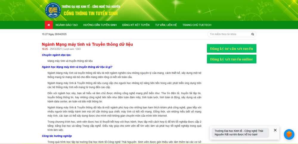 Ngành Mạng máy tính và truyền thông dữ liệu được giới thiệu trên trang tuyển sinh của trường, không rõ năm mở ngành. Ảnh chụp màn hình Ảnh chụp màn hình 2025-04-28 153050.png