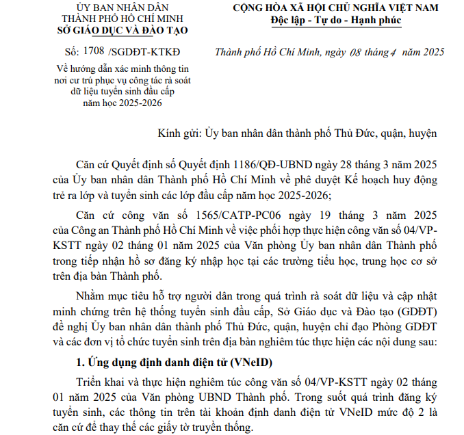 Văn bản về hướng dẫn xác minh thông tin nơi cư trú phục vụ công tác rà soát dữ liệu tuyển sinh đầu cấp năm học 2025-2026 của Sở Giáo dục và Đào tạo thành phố Hồ Chí Minh. Ảnh chụp màn hình Screenshot 2025-04-29 135739.png