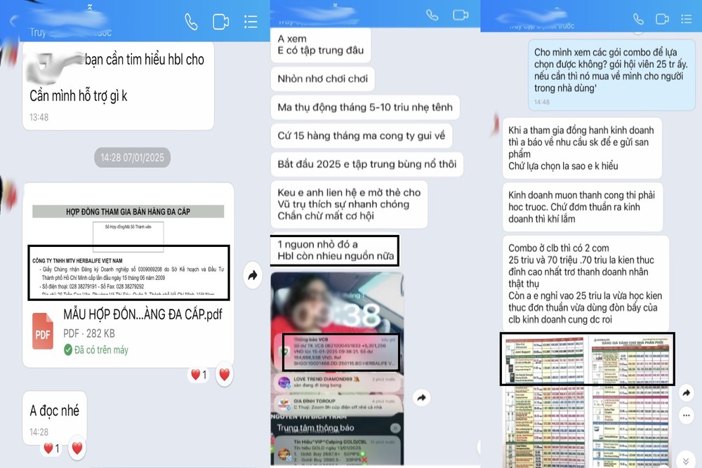Nội dung ảnh chụp đoạn tin nhắn với "trưởng nhóm" được sinh viên chia sẻ. Trong đó "trưởng nhóm" đề cập đến hợp đồng tham gia bán hàng đa cấp với Công ty Herbalife Việt Nam, thu nhập được chi trả từ tài khoản công ty và bảng giá các sản phẩm công ty này đang phân phối. Ảnh: Sinh viên cung cấp herbarlife (2) (1).jpg