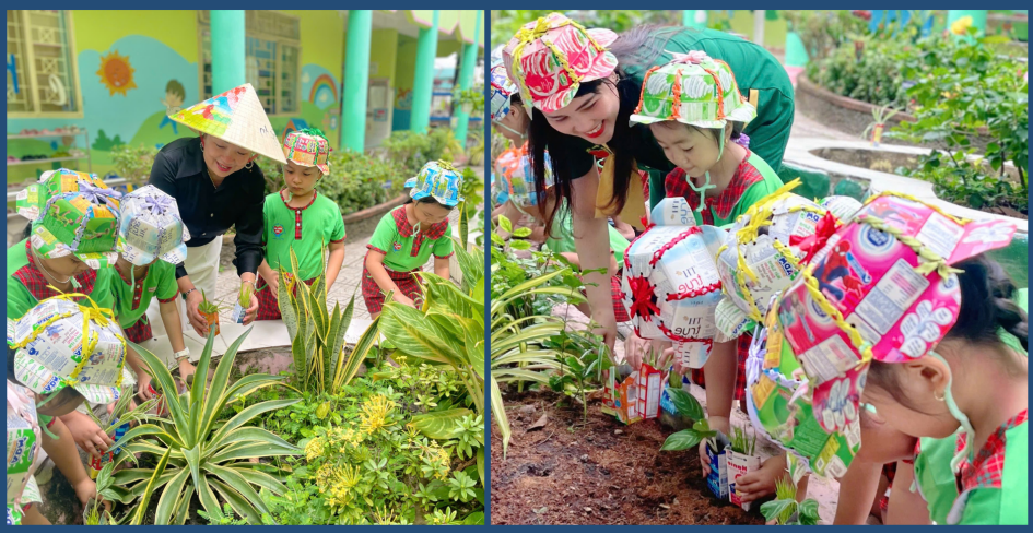 Sản phẩm mũ tái chế được ứng dụng trong các tiết trải nghiệm ngoài trời của học sinh tại Trường Mầm non Võ Thị Sáu (thành phố Dĩ An, tỉnh Bình Dương). (Ảnh: NVCC) unnamed (93).png