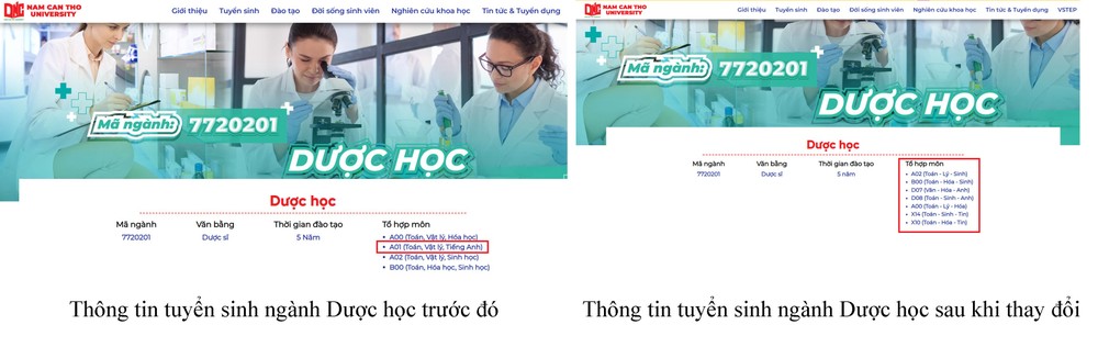 Trường Đại học Nam Cần Thơ điều chỉnh tổ hợp xét tuyển ngành Dược học. Ảnh: chụp màn hình Untitled-1.jpg