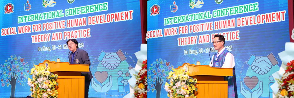 Trợ lý Giáo sư, Tiến sĩ Khanisara Thanyasunthornsakun, đại diện Trường Đại học Udon Thani Rajabhat (Thái Lan) - bên trái, và Thạc sĩ Kim Sug Pyo, Chủ tịch Hội đồng Phúc lợi Xã hội Daegu (Hàn Quốc) - bên phải, chia sẻ tại hội thảo. Thiết kế chưa có tên (1).png