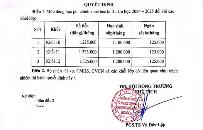 Mức thu học phí kỳ II năm học 2024-2025 của Trường Tiểu học, Trung học cơ sở, Trung học phổ thông Edison. (Ảnh: website nhà trường) lien-cap-4.jpg
