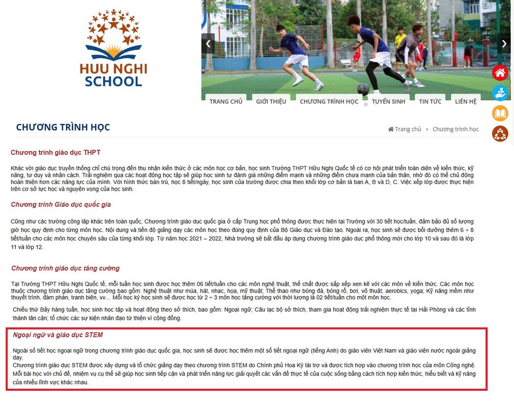 Nội dung giới thiệu chương trình học trên website nhà trường. (Ảnh chụp màn hình) huu-nghi-4.jpg