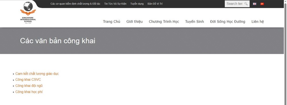 Nhà trường chưa có biểu mẫu công khai cam kết chất lượng giáo dục thực tế. (Ảnh chụp màn hình ngày 20/4/2025) singapore-2.jpg
