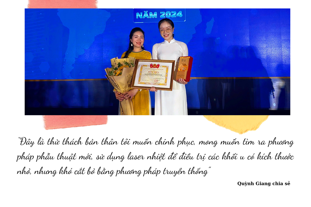 Nguyễn Quỳnh Giang (bên phải) đạt nhiều thành tích ấn tượng khi tham gia nghiên cứu khoa học. (Ảnh: NVCC) Trắng Xanh lá nhạt Vàng Thiệp Chương trình Thiệp ngang Đám tang (2).png