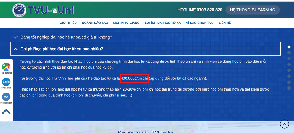 Mức học phí hệ đào tạo từ xa được đăng tải trên website tvu.euni.edu.vn của Trường Đại học Trà Vinh. (Ảnh chụp màn hình) hoc phi dttx tra vinh.png