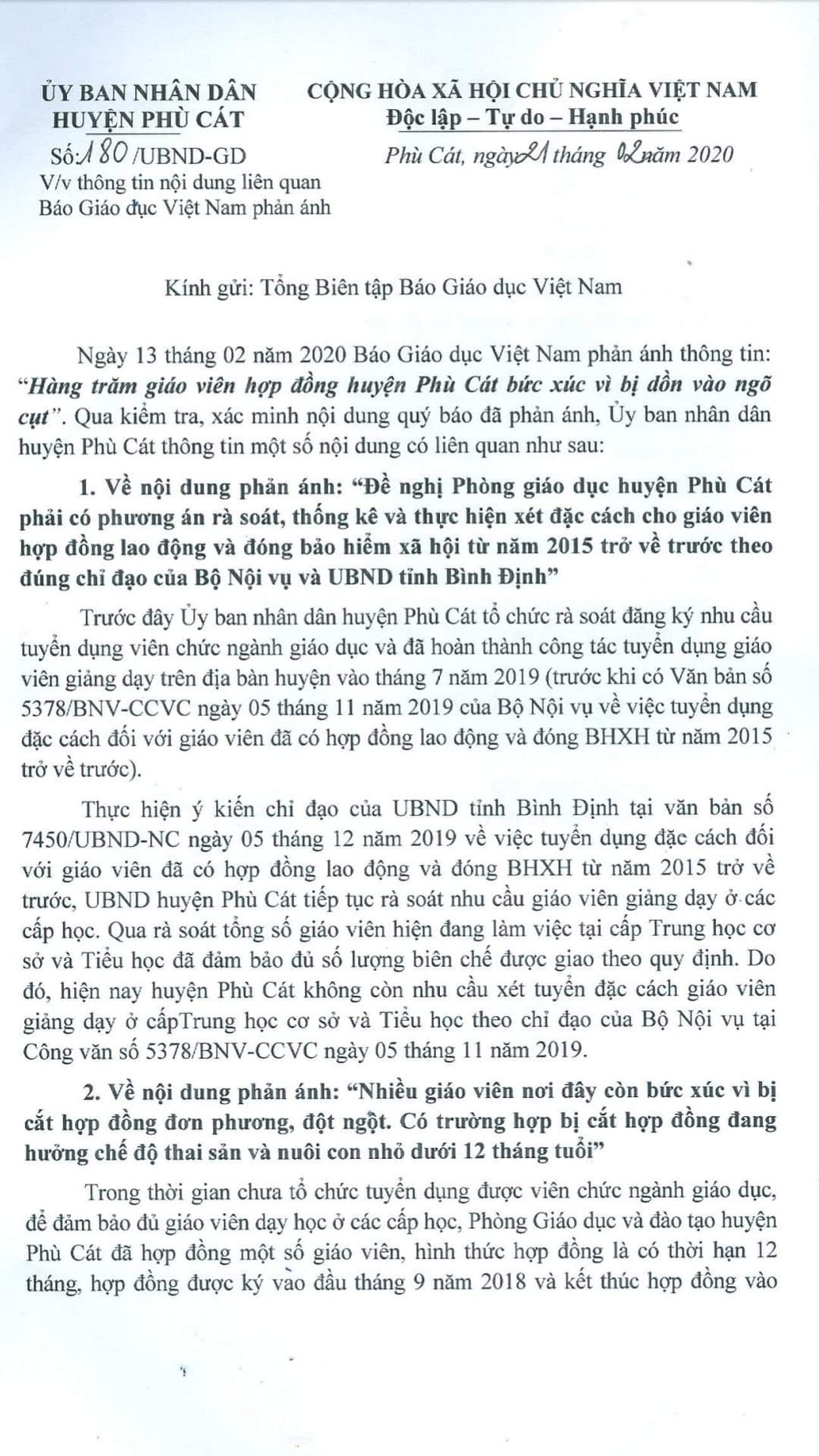 Ủy ban Nhân dân huyện Phù Cát trả lời Báo điện tử Giáo dục Việt Nam