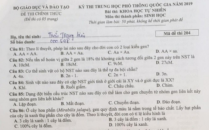 Đề thi chính thức môn Sinh học trong kỳ thi quốc gia 2019