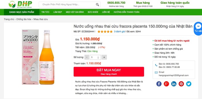 Cẩn trọng với quảng cáo Fracora Placenta Drink trên website hangngoainhap.com.vn