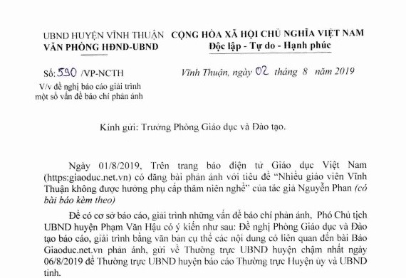 Ủy ban huyện yêu cầu Phòng Giáo dục giải trình vụ giáo viên không được phụ cấp