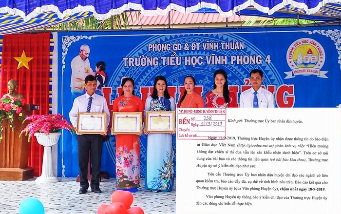 Thường trực Huyện ủy chỉ đạo vụ Hiệu trưởng diễn cảnh nhận danh hiệu