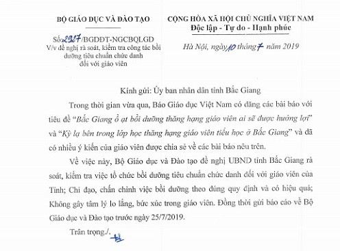 Bộ Giáo dục yêu cầu Bắc Giang kiểm tra công tác bồi dưỡng chức danh giáo viên