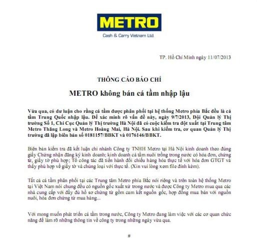 Thông cáo báo chí của Công ty METRO Cash&Carry Việt Nam