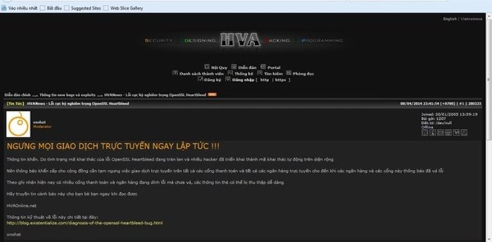 Cảnh báo về lỗi OpenSSL Heartbleed được các chuyên gia an ninh mạng đưa lên diễn đàn an ninh mạng HVAOnline (ảnh theo Infonet)