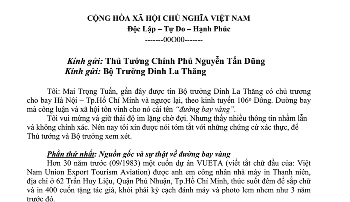 Cựu phi công Mai Trọng Tuấn cho biết sẽ gửi bức thư này lên Thủ tướng Chính phủ và Bộ trưởng Bộ GTVT.