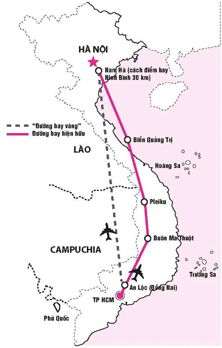 Đường bay hiện nay (màu hồng) và đường bay thẳng theo đề xuất của ông Trần Đình Bá.