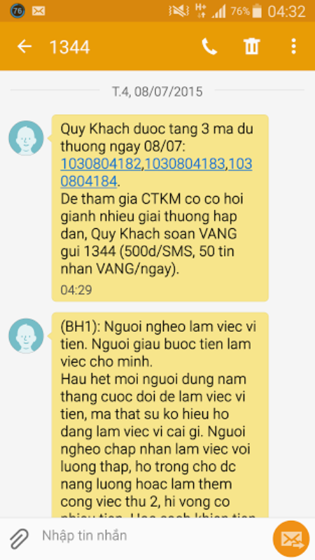 Tin nhắn từ số 1344 gửi đến cho chị N lúc 4h30 sáng xác nhận chị tham gia dịch vụ mà chị N không hay biết.