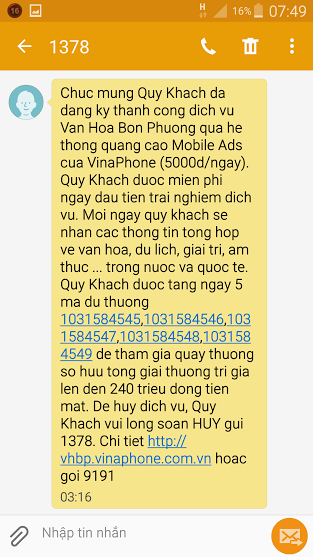 Vừa hủy thành công dịch vụ từ đầu số 1344, chị N lại bị nhà mạng Vinaphone tự động đăng ký dịch vụ Văn hóa bốn phương vào lúc 3h sáng.