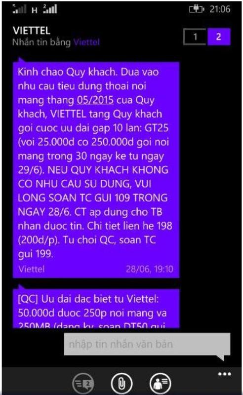 Ảnh chụp màn hình điện thoại của chủ thuê bao bị Viettel kích hoạt dịch vụ GT25