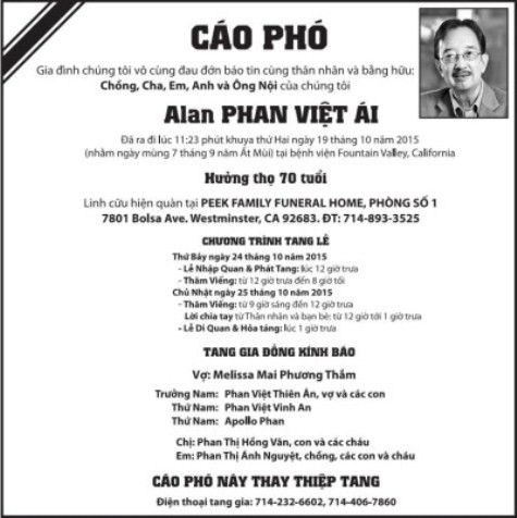 Cáo phó TS Alan Phan - ảnh nguồn: Web gocnhinalan.om