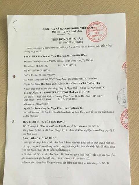 Hợp đồng mua bán rau giữa Công ty TPT và Hợp tác xã rau an toàn Bắc Hồng (ảnh công ty TPT cung cấp)