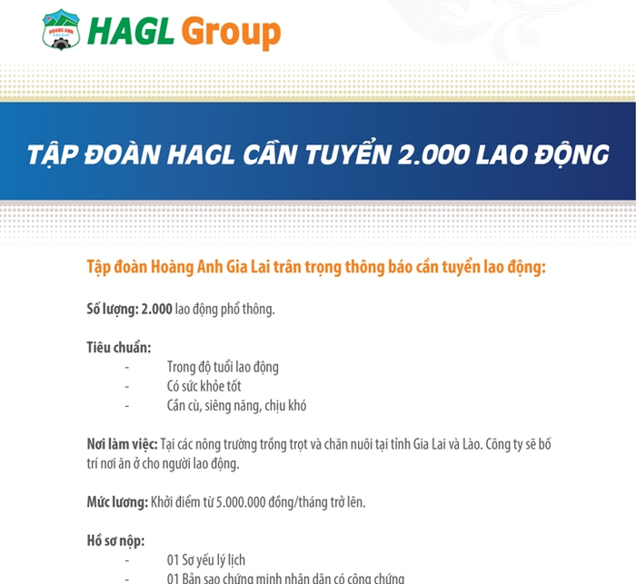 Tập đoàn Hoàng Anh Gia Lai vừa đăng tải thông tin tuyển dụng 2.000 lao động phổ thông làm việc tại các nông trường trồng trọt và chăn nuôi tỉnh Gia Lai và Lào.