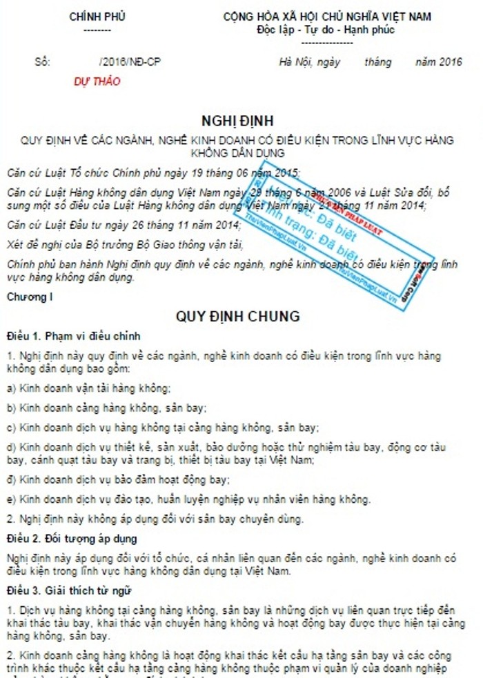 Dự thảo Nghị định quy định về các ngành, nghề kinh doanh có điều kiện trong lĩnh vực hàng không dân dụng - ảnh chụp trên trang Thư viện pháp luật.