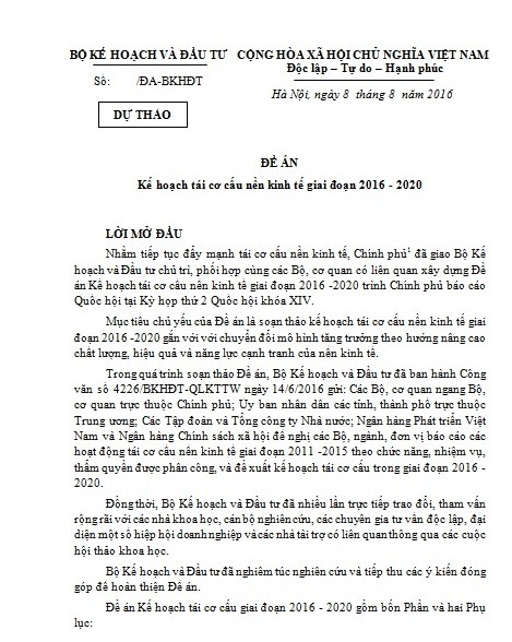 Thủ tướng Chính phủ phân công Bộ Kế hoạch và Đầu tư xây dựng “Kế hoạch tái cơ cấu kinh tế giai đoạn 2016 – 2020”.