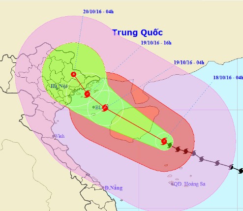 Đường đi của bão lúc 4h theo Trung tâm dự báo khí tượng và thủy văn Trung ương. Ảnh: NCHMF.