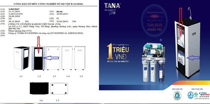 Trước hình ảnh phóng viên cung cấp ông Tuấn phân tích giữa máy lọc nước RO Tân Á Pro+ và mẫu tủ lọc nước kính cường lực được Karofi đăng ký bán quyền có chung đặc điểm: Mặt trước cùng có khoang hình chữ nhật trong suốt (mũi tên mầu đỏ) phần dưới là phần không trong suốt. Ngoài ra mặt trước cùng bị vát hai bên (mũi tên mầu xanh) - ảnh: Hoàng Lực.