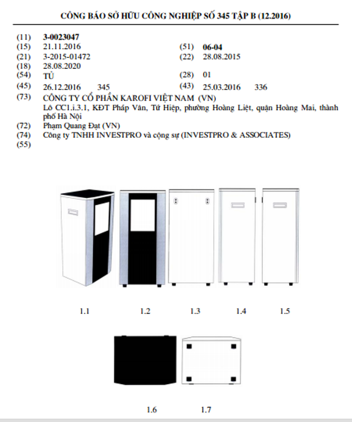 Theo phản ánh của độc giả mẫu tủ lọc nước kính cường lực được đăng ký sở hữu - ảnh chụp lại công bố của Cục Sở hữu trí tuệ.