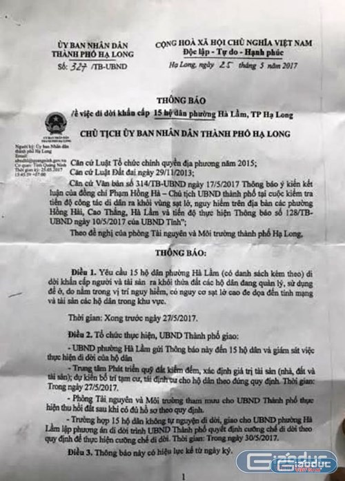 Thông báo số 327/TB-UBND do ông Phạm Hồng Hà, Chủ tịch Ủy ban nhân dân Thành phố Hạ Long ký về việc di dời khẩn cấp 15 hộ dân phường Hà Lầm, Thành phố Hạ Long (ảnh L.A)