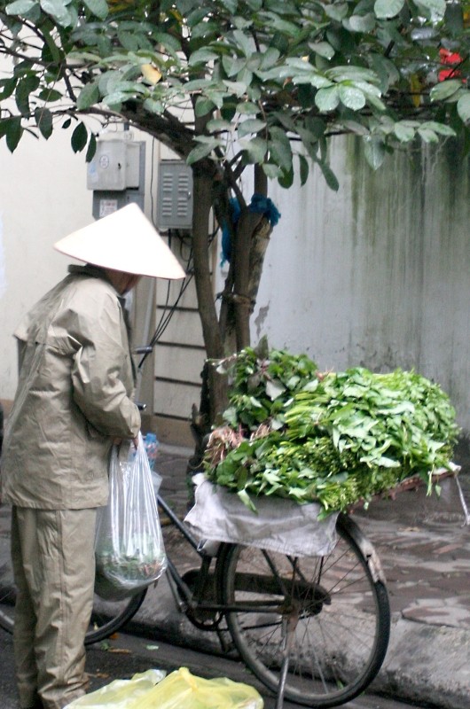 Một bác bán rau phải dậy từ sớm nên trang phục giữ ấm thế này là rất cần thiết.