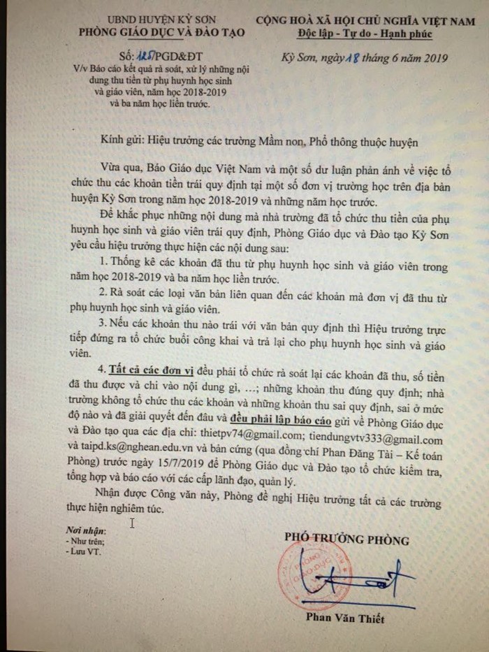 Công văn rà soát việc thu tiền phụ huynh, giáo viên của Phòng Giáo dục và Đào tạo Kỳ Sơn (Ảnh tác giả)