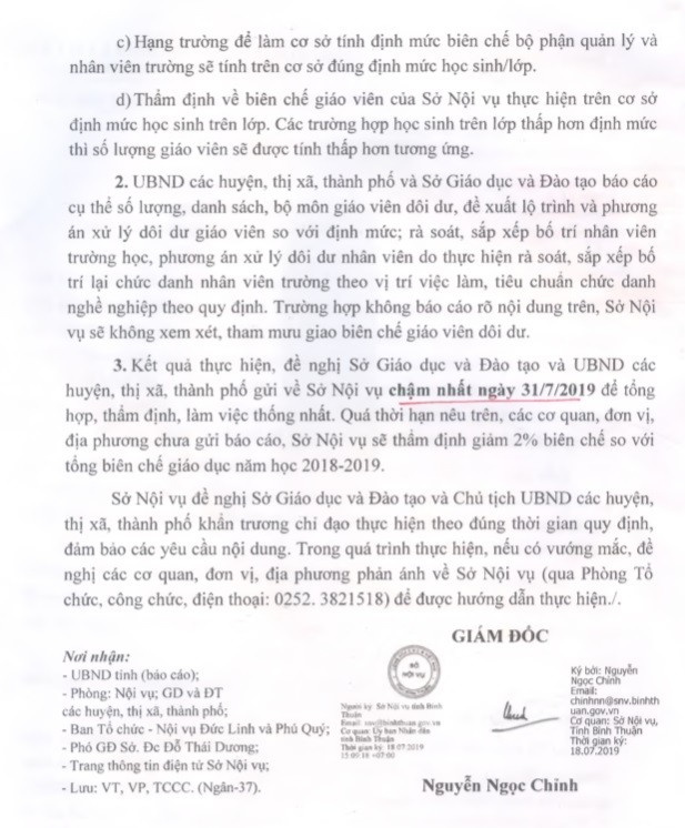 Công văn rà soát, sắp xếp lớp/học sinh/lớp của Sở Nội vụ tỉnh Bình Thuận (Ảnh CTV)