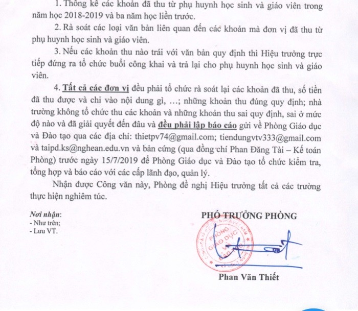 Công văn rà soát việc thu tiền phụ huynh, giáo viên của Phòng Giáo dục và Đào tạo Kỳ Sơn (Ảnh tác giả)