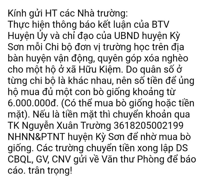 Số tiền mỗi Chi bộ trường học phải ủng hộ đã được giảm đi phân nửa (Tin nhắn từ Phòng Giáo dục Kỳ Sơn Ảnh CTV)