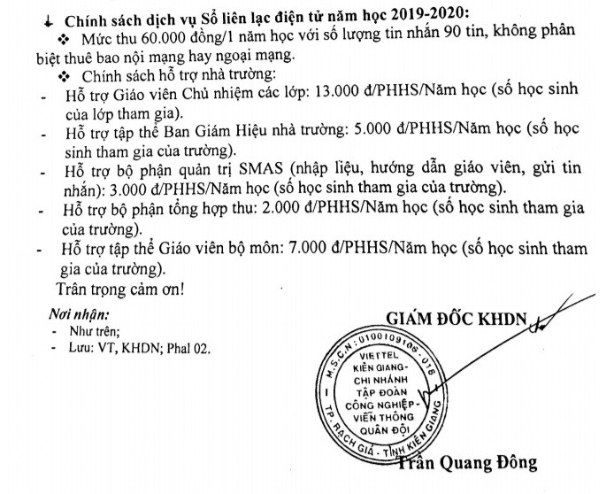 Bảng chiết khấu hoa hồng cho các bộ phận trong nhà trường khi cho phụ huynh đăng ký dùng sổ liên lạc điện tử (Ảnh CTV)