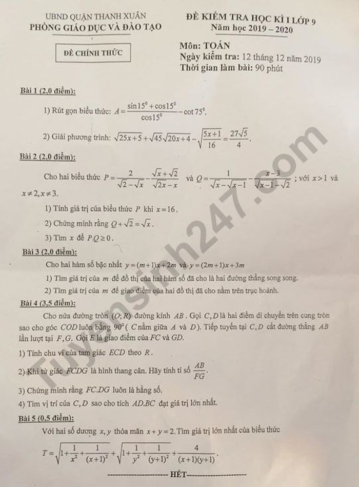 Đề thi của học sinh lớp 9 quận Thanh Xuân được đánh giá là không phù hợp với trình độ học sinh (Ảnh tuyển sinh 247.com)