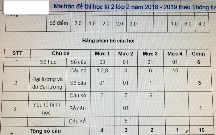 Ra đề kiểm tra Toán tiểu học, giáo viên thường dựa vào ma trận tương tự kiểu này (Ảnh tác giả)