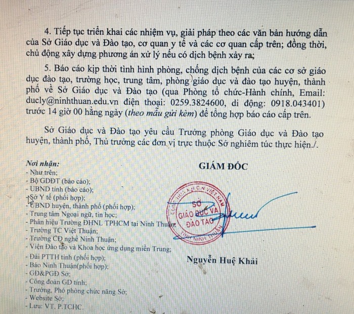 Công văn Sở Giáo dục và Đào tạo tỉnh Ninh Thuận cho các trường nghỉ học phòng dịch cúm (Ảnh CTV)