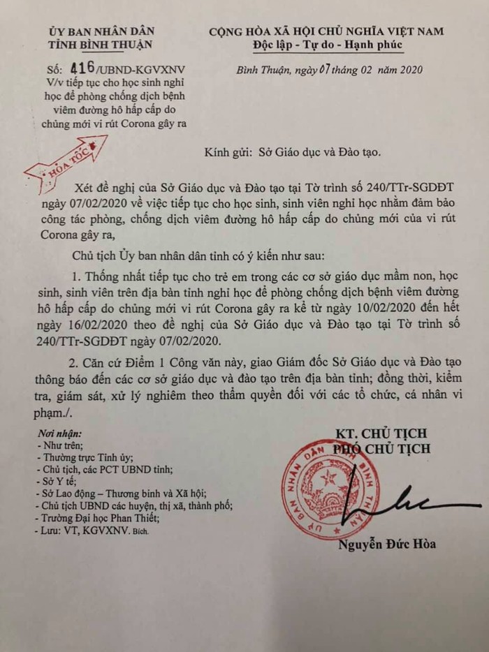 Công văn của tỉnh Bình Thuận cho học sinh nghỉ tiếp 1 tuần (Ảnh CTV)