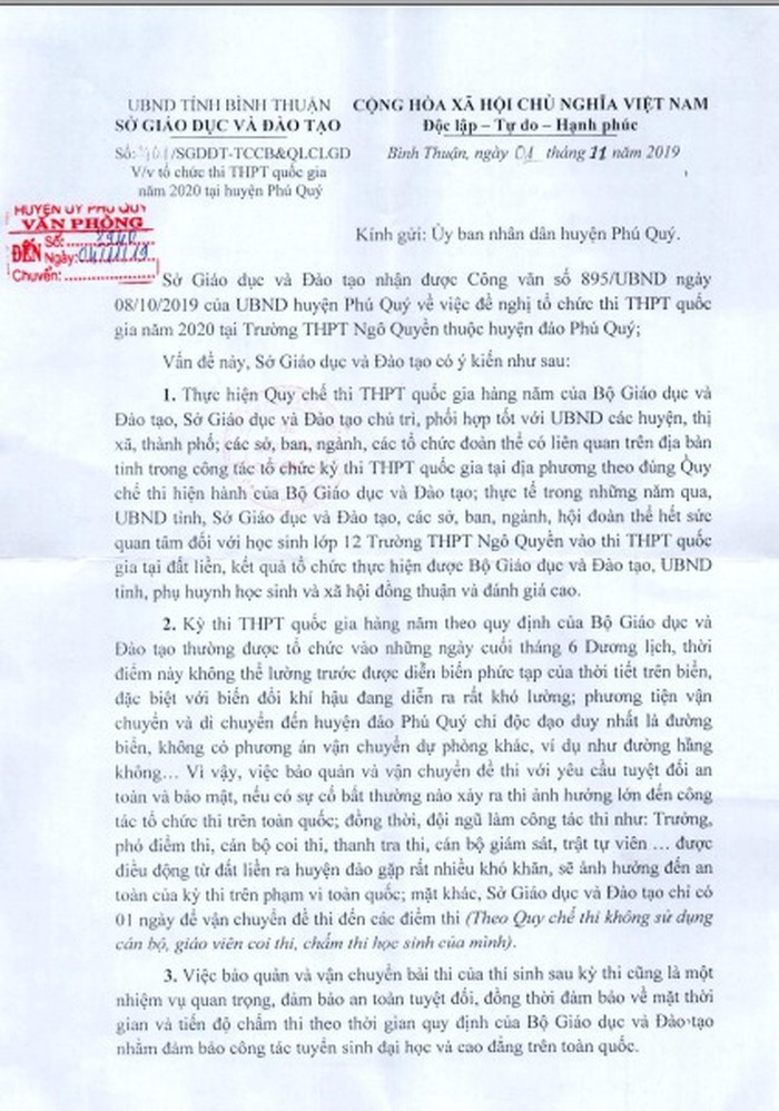 Công văn của Sở Giáo dục và Đào tạo tỉnh Bình Thuận trả lời cử tri huyện đảo về việc không đồng ý tổ chức kỳ thi tốt nghiệp tại đảo (Ảnh tác giả)