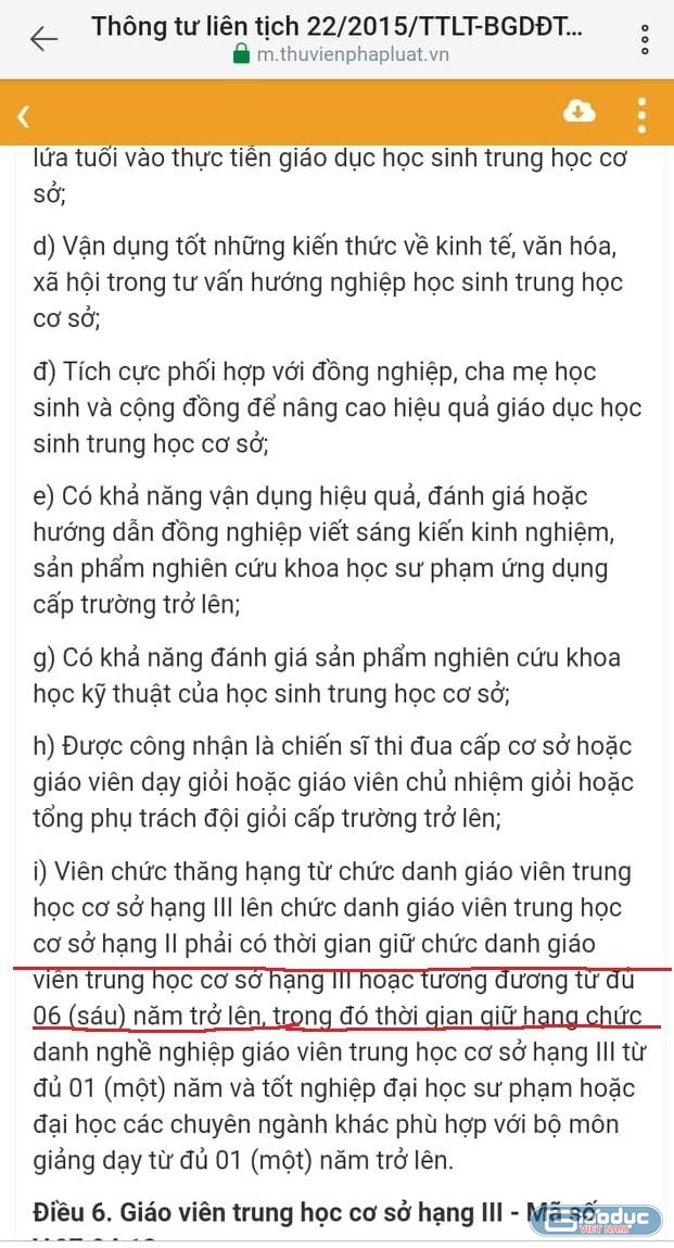 Thông tư liên tịch cũ quy định giáo viên trung học cơ sở hạng III lên chức danh giáo viên trung học cơ sở hạng II phải có thời gian giữ chức danh giáo viên trung học cơ sở hạng III hoặc tương đương từ đủ 06 (sáu) năm trở lên