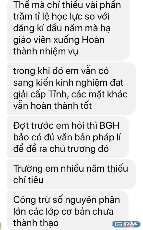 Lời chia sẻ của giáo viên một trường trung học nơi có điểm chuẩn vào 10 thấp nhất tỉnh (Ảnh chụp từ tin nhắn)