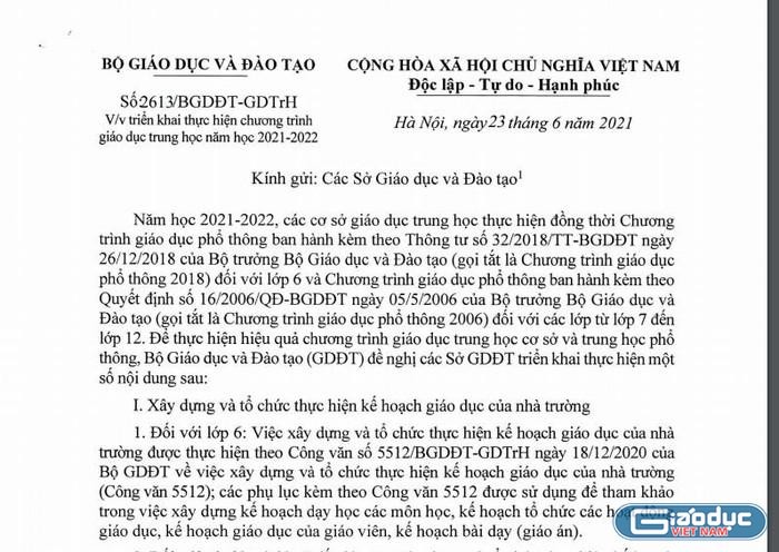 Ngày 23/6, Bộ Giáo dục và Đào tạo ban hành văn bản số 2613/BGDĐT-GDTrH (ảnh chụp tài liệu)