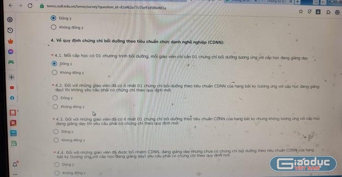 Các câu hỏi chỉ có 2 đáp án đồng ý hoặc không đồng ý (Ảnh do tác giả cung cấp)